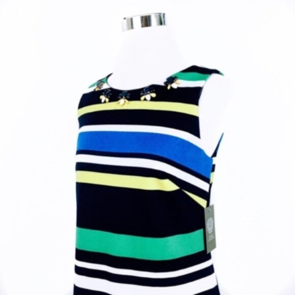 Vince Camuto Womens Blue Striped Embellished Sleeveless Sheath Dress Sz 10 New - Picture 6 of 9